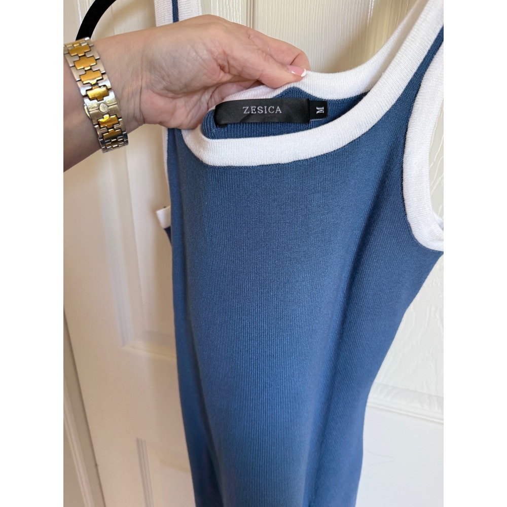 ZESICA Blue Ribbed Knit Contrast Trim Sleeveless Side Slit Midi Dress Medium - Picture 4 of 8